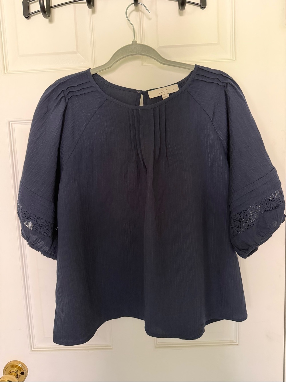 LOFT Navy Short-Sleeve Pleated Yoke Blouse - size XLP